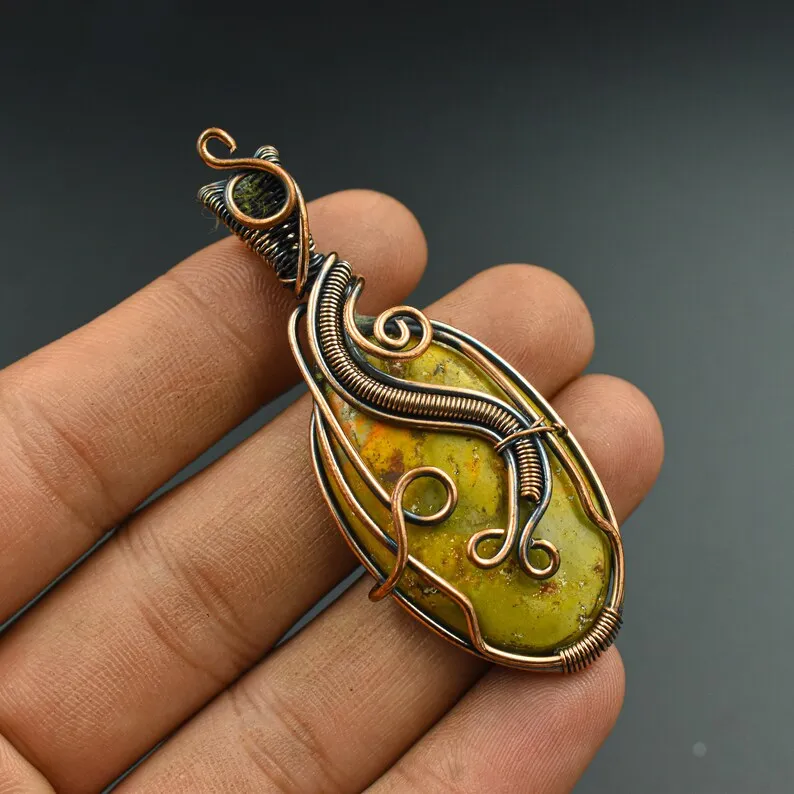 Elegant Designer Copper Pendant Necklace with Bumble Bee Jasper Pearl Wire Wrapped Gemstone Party Occasion Gift for Mother P-316