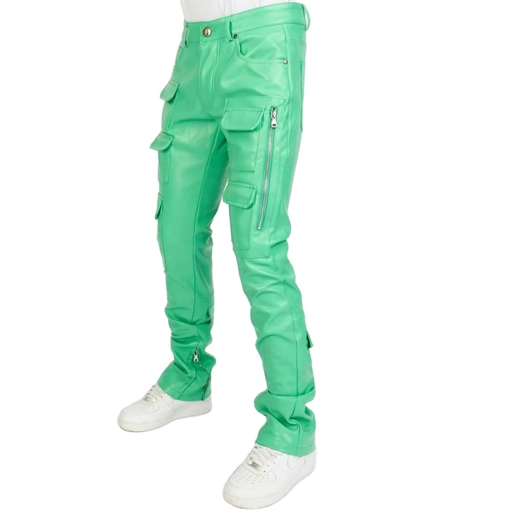 OEM Custom Logo Faux Leather Stacked Flared Bell Bottom Pants Custom Leather Stacked Pant for Men 2024 Custom Trending Products
