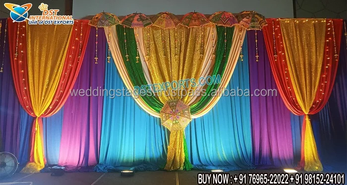 Colorful Zari Work Backdrops For Mehndi Event Punjabi Wedding Mehndi Night Function Backdrops Pakistani Wedding Stage Drapes