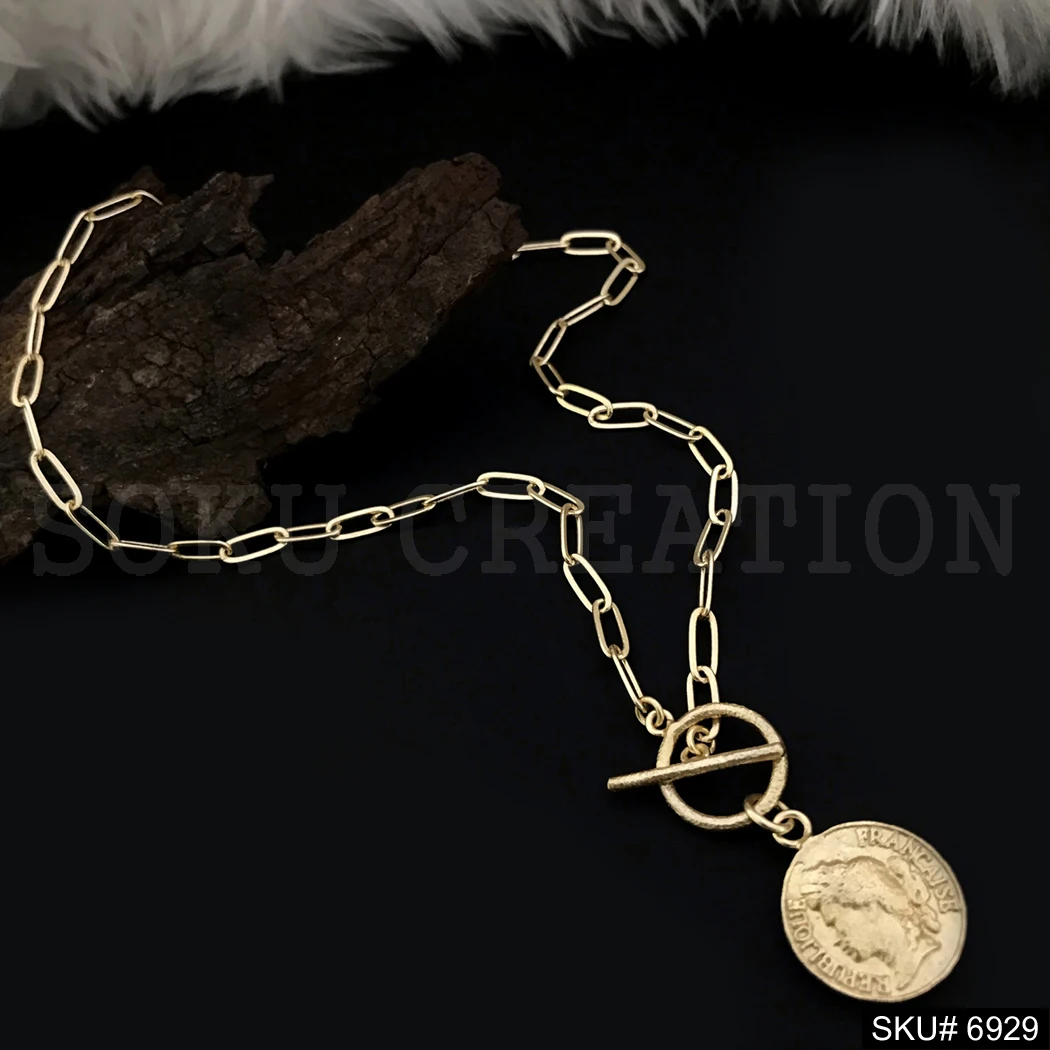 Gold plated Stylish Statement Big Pendent of  Vintage Coin With Chain Necklace Handmade Premium Product SKU6929