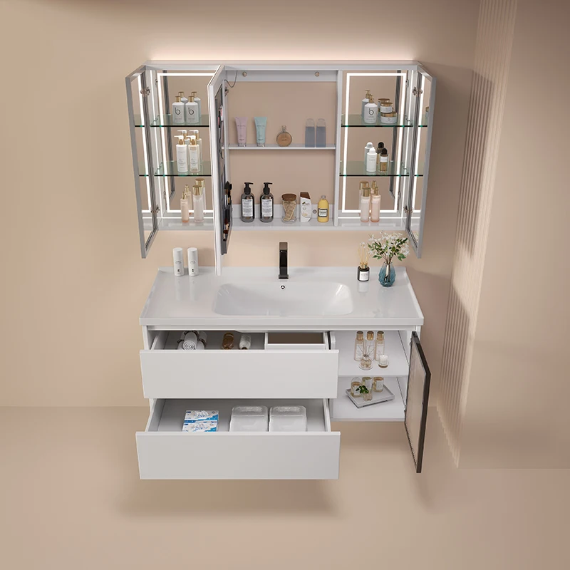Bathroom White Bathroom Cabinet Set Smart Mirror Cabinet With Light Wall Mounted Ceramic One Piece Washbasin