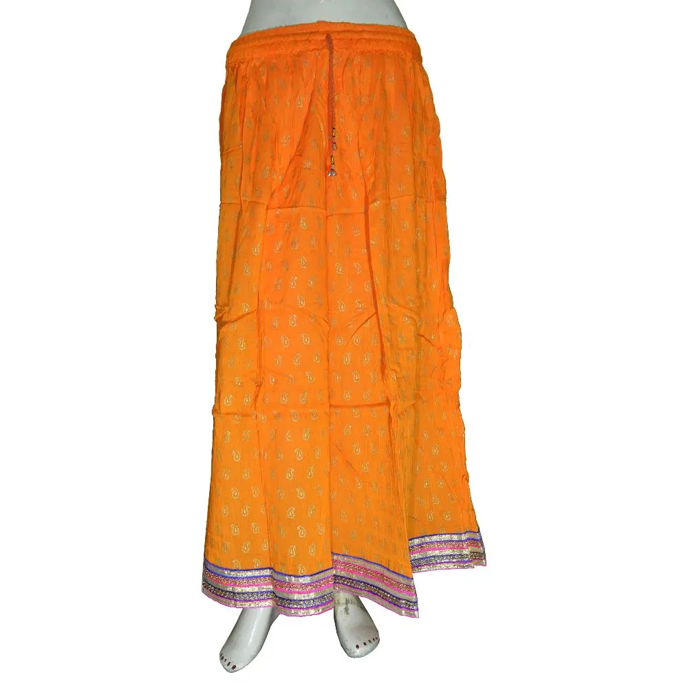 Hippie Bohemian Ethnic Handmade Hand Block Gold Printed Rayon Floor Length Gypsy Skirt Women Sexy Skirt Print Pattern Adults
