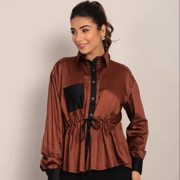 Coffee Brown Solid Summer Top With Waist Tie Full Sleeve Top Elegant Women Wholesale Summer & Spring Clothes Solid Print Tops