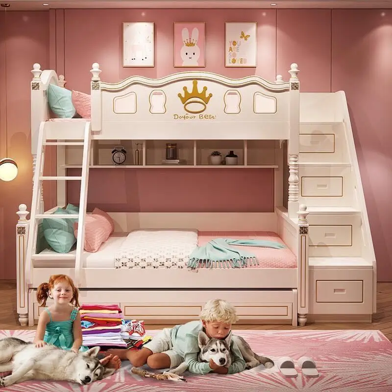 Castle Princess Children Furniture Pink Bedroom Furniture Bed Girl Modern Home Boy Bedroom Double Wooden Bunk Beds  With Slide