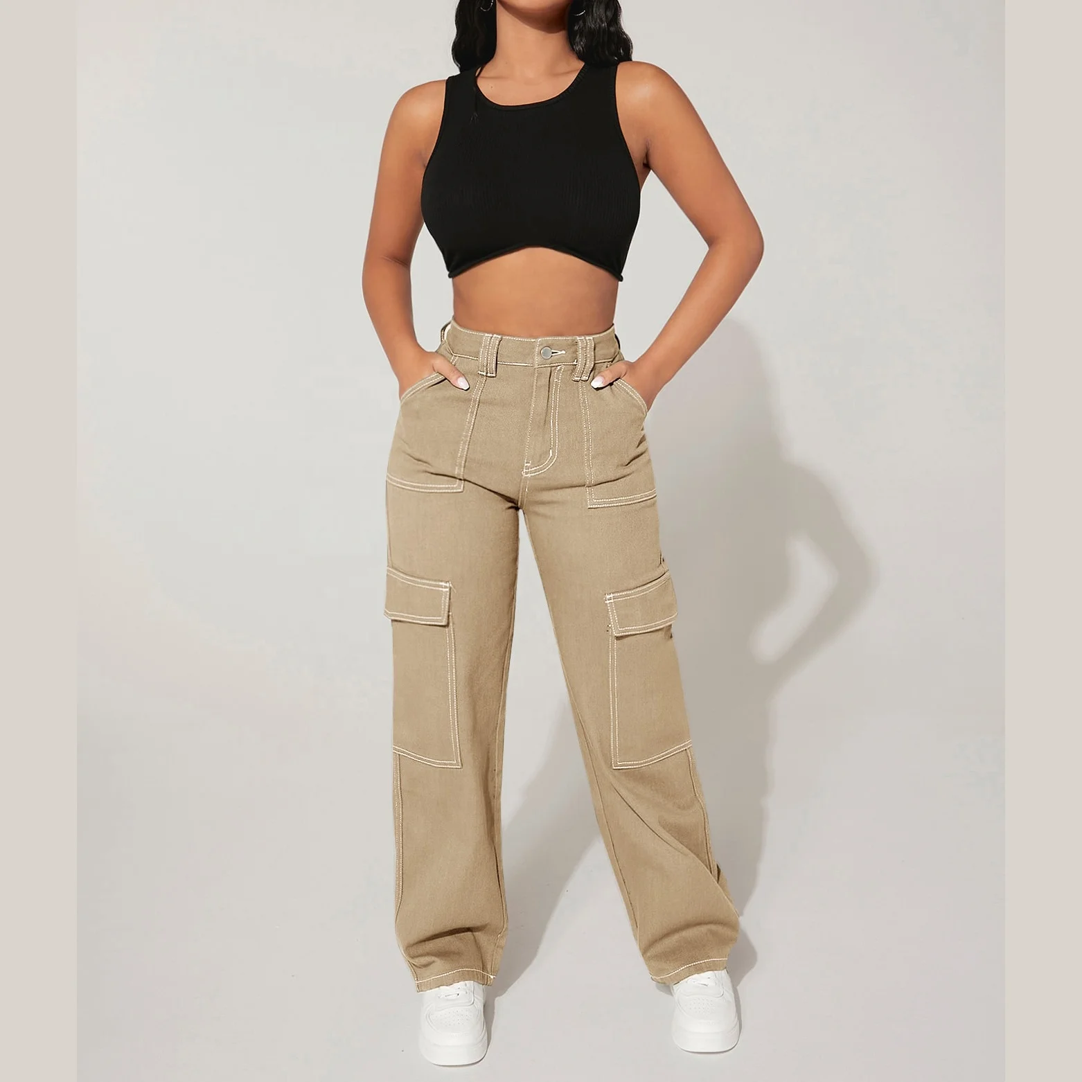 Light weight fashion ladies flap pocket low Wide waist trousers wholesale custom logo nylon cargo straight pants for women