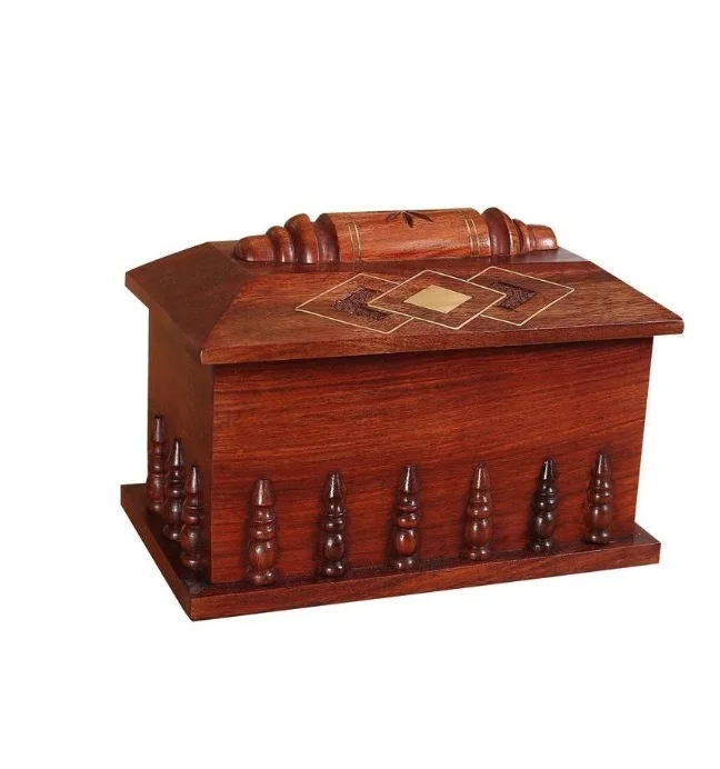 Handcrafted Rosewood Brass Inlay Handmade Wooden URN 9.50x5.75x6.50 (Capacity 150 cu.in)