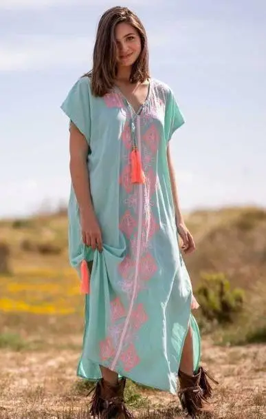 New Designs Ladies Rayon Embroidered Long Kaftan Dress Printed and Hand Dyed Tie & Dye at Factory Prices