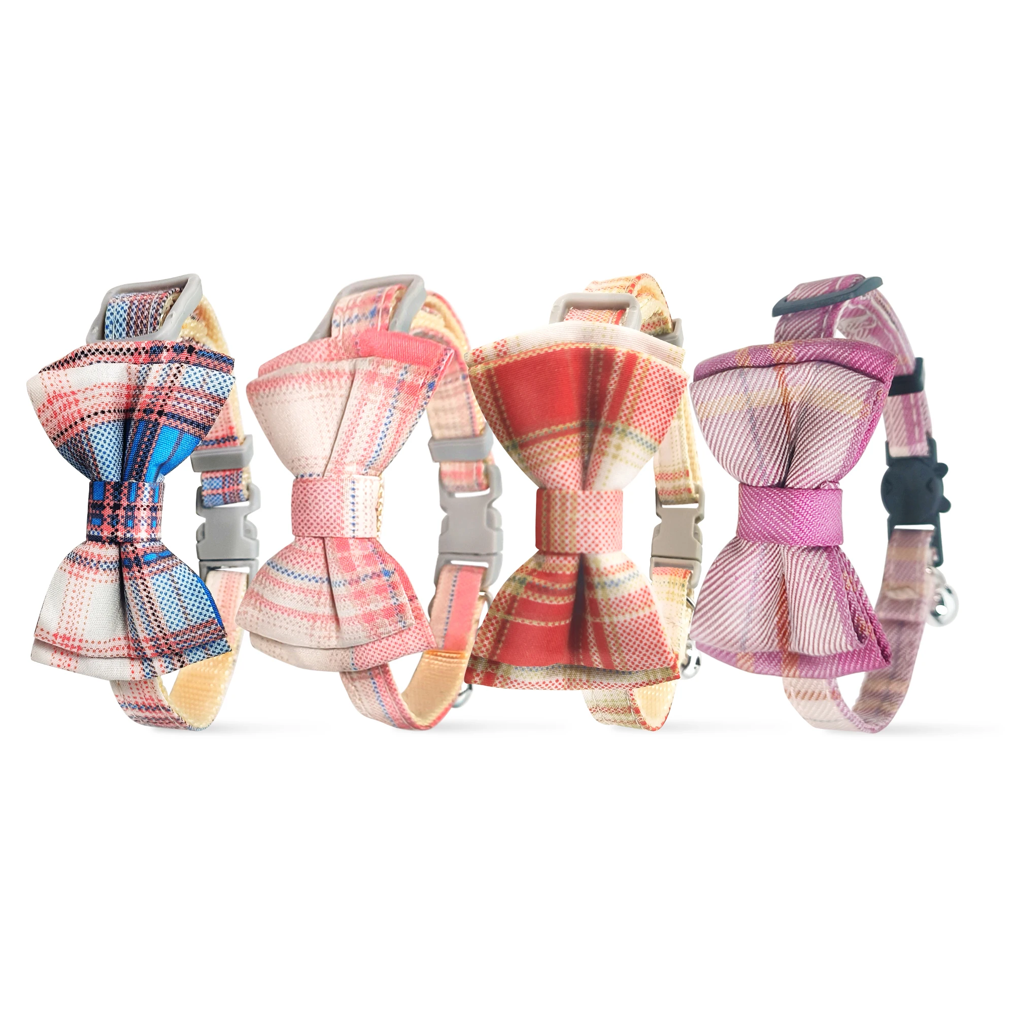 Customized Striped Detachable Bowtie Nylon Polyester Fabric Cat Collar With Bell Grid Pattern Adjustable Cat Pet Strap Bowknot