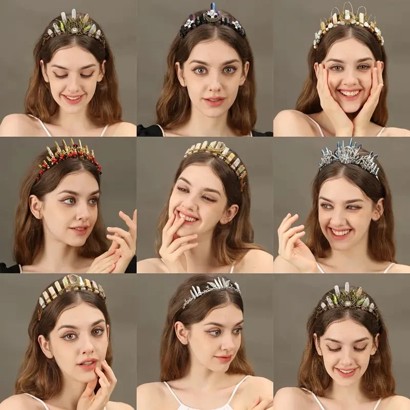 Vintage Natural Stone Bridal Crown Tiara Headband Handmade Hair Accessory For Wedding Party Halloween Costume