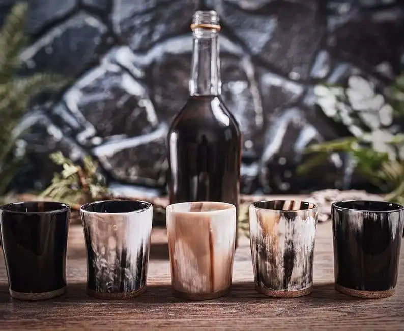 Modern design buffalo horn glass drinking viking Horn Beer Glass handicraft short with steel rim horn glass