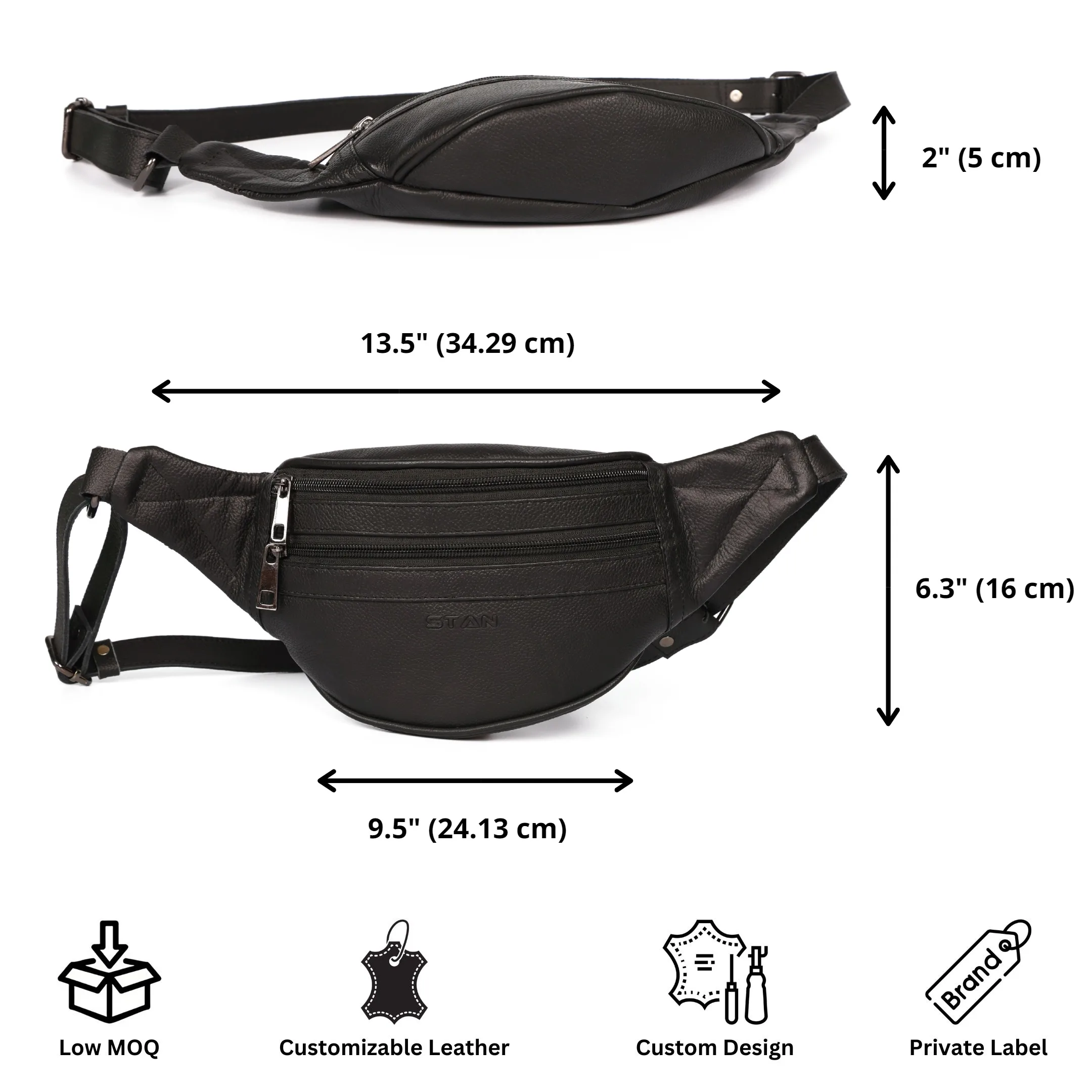 Luxury Unisex Genuine Pebbled Leather Fanny Pack Designer Crossbody Waist Belt Bag YKK Zipper Small Black Leather Bum Bag Men