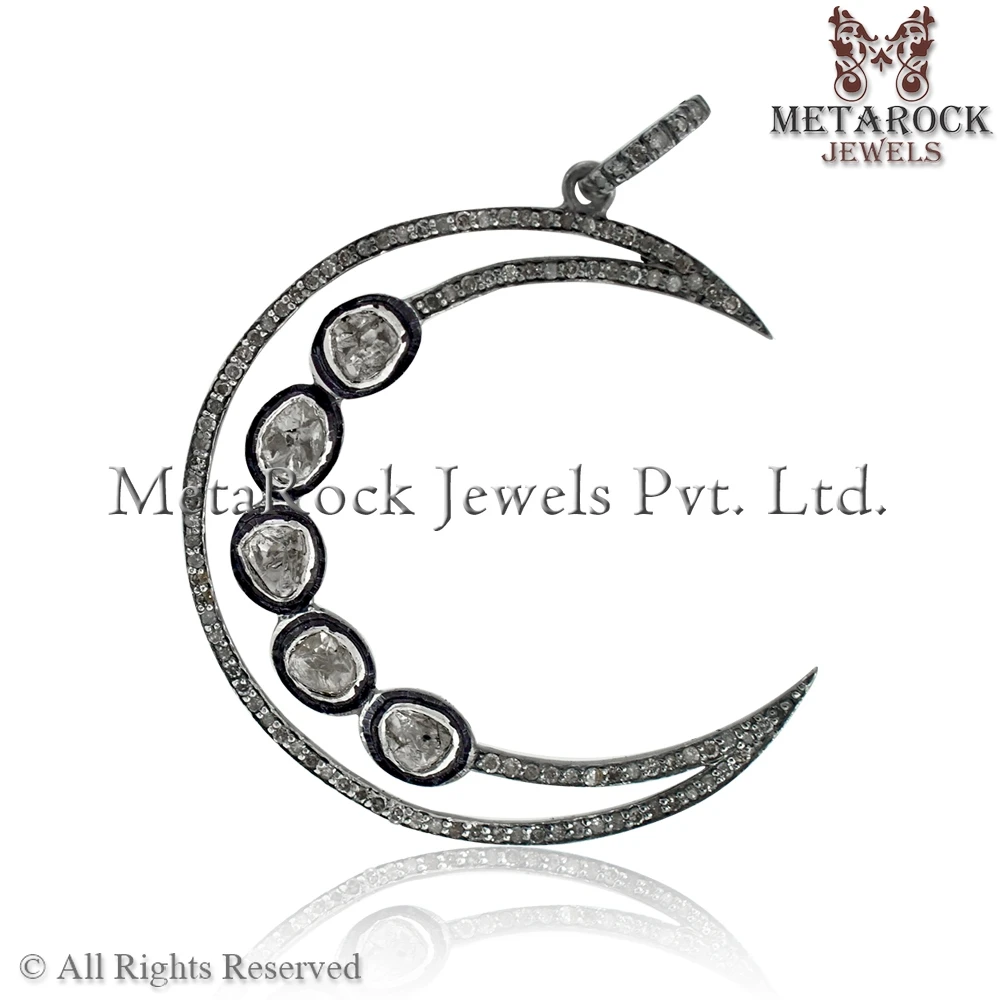 Brown Diamond Oxidized 925 Silver Designer Crescent Moon Pendant Chain Necklace Handmade Polki Pendant Jewelry  Wholesale