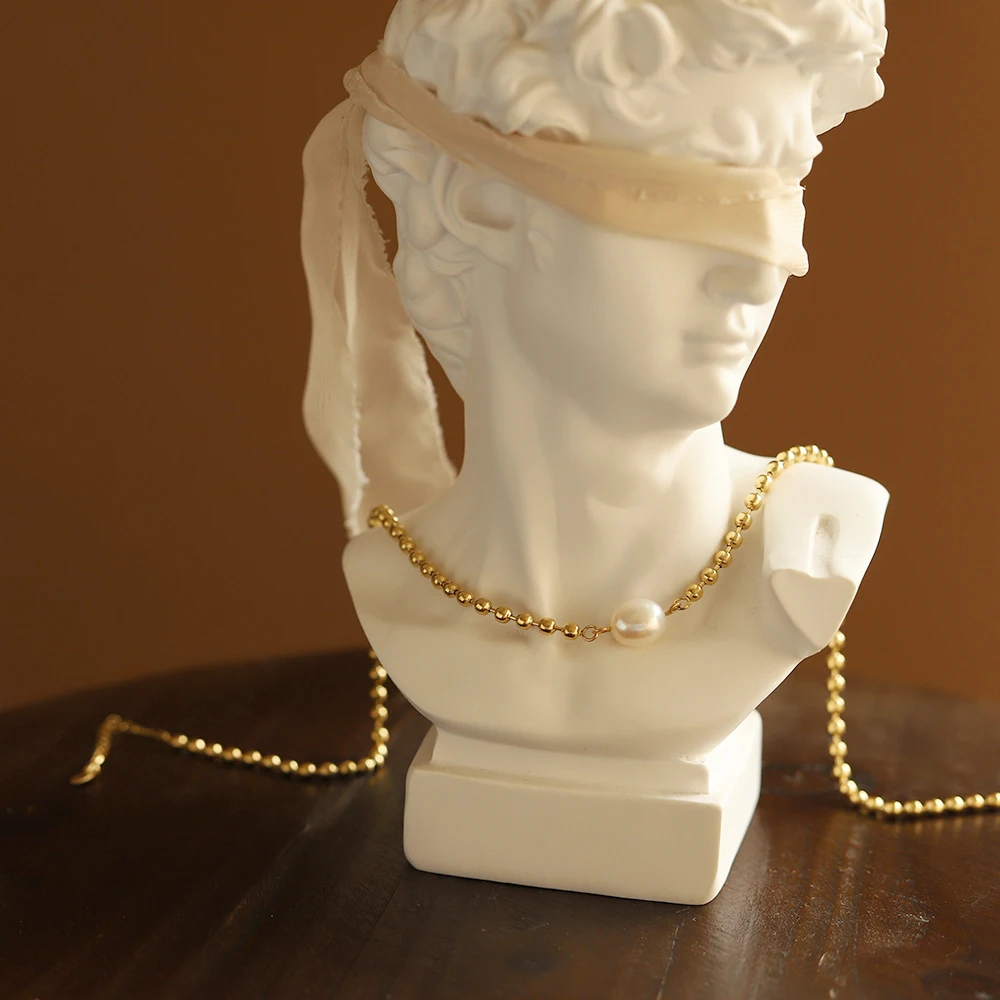 Minimalist Jewelry 18k Gold Plated Stainless Steel Balled Chain with Freshwater Pearl Pendant Necklace