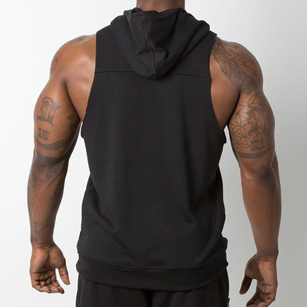 2024 Wholesale Bulk Men Gym Wear Stringer Hoodie Blank Sweatshirt Mens Sleeveless Workout Base Layer Kangaroo Pockets Hoodies