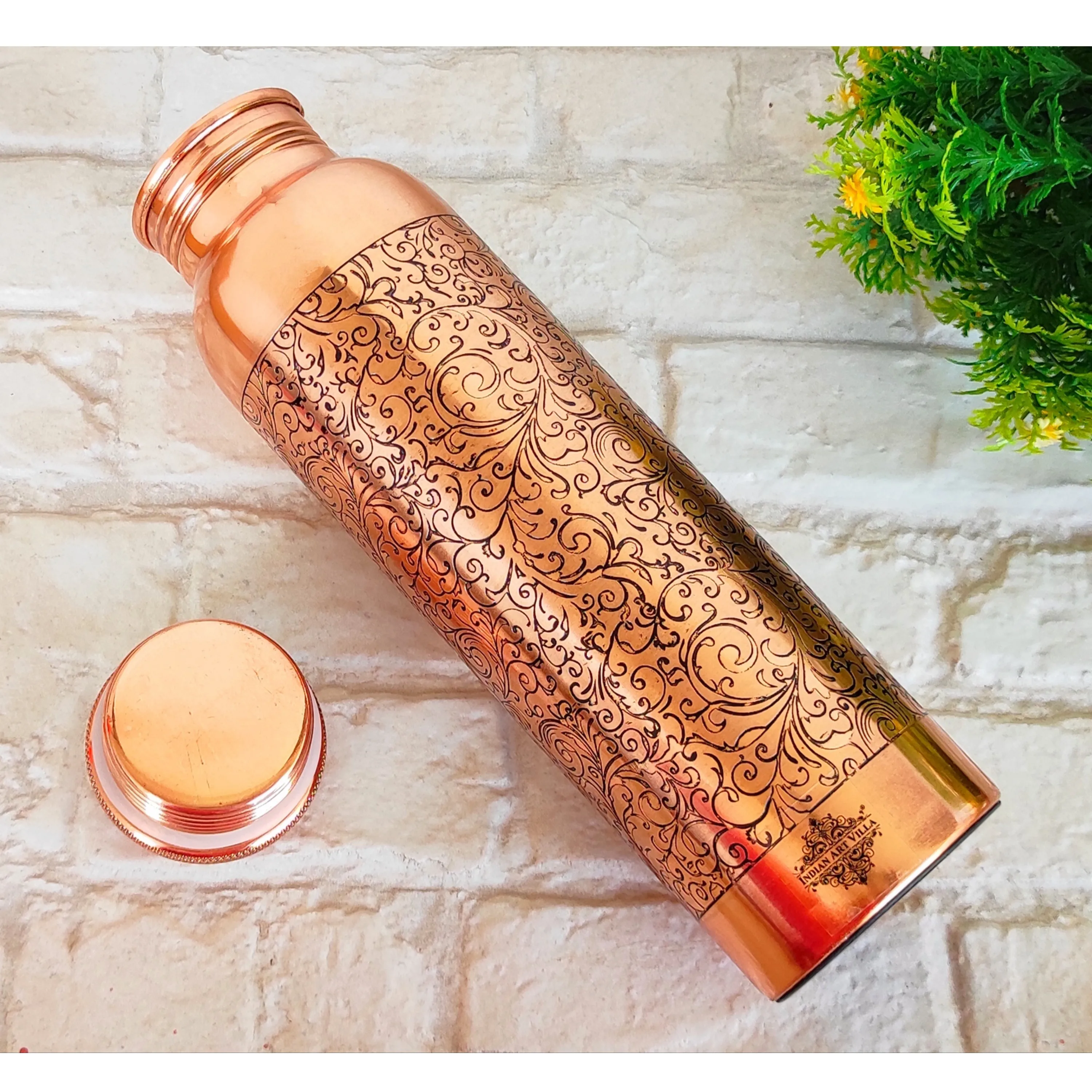 Indian Art Villa Pure Copper Water Bottle With Embossed Design, Drinkware & Storage Purpose, Ayurvedic Health Benefits, 1000 ML