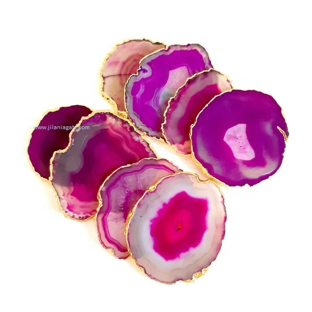 Wholesale Pink Agate Quartz Semi-Precious Stone Cup Holder & Table Decoration Gold Plating Hot Sale Gemstone Slice Coaster