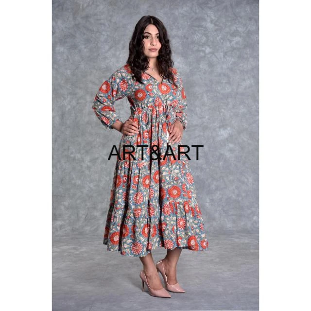 New Hand Block Printed Long Dress Handmade Cotton Vintage Dress Casual Women Dress Party wear Beautiful Flower Gown