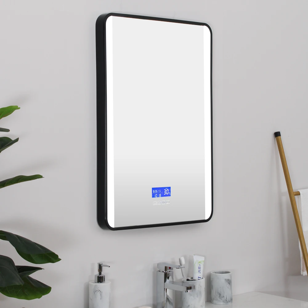 Matte Black Aluminum Frame Rectangle Round Corner Bathroom Vanity Mirror With Anti Fog