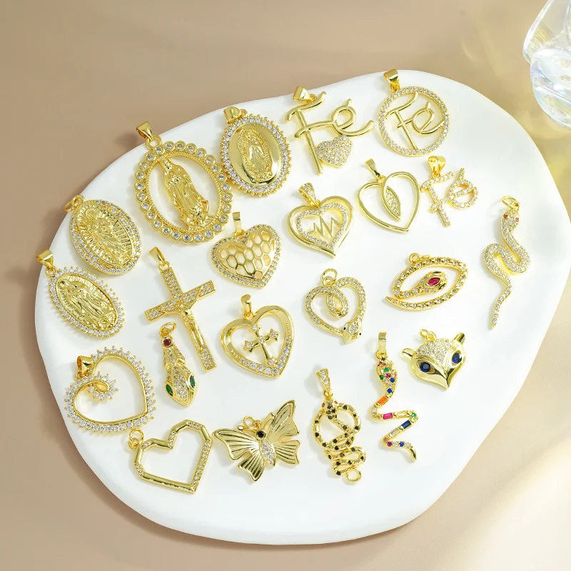 Animals Virgin Mary Religious Jesus Cross Pendant Brass Charm 18K Cubic Zirconia Pendant Necklace Gold Charms For Making Jewelry