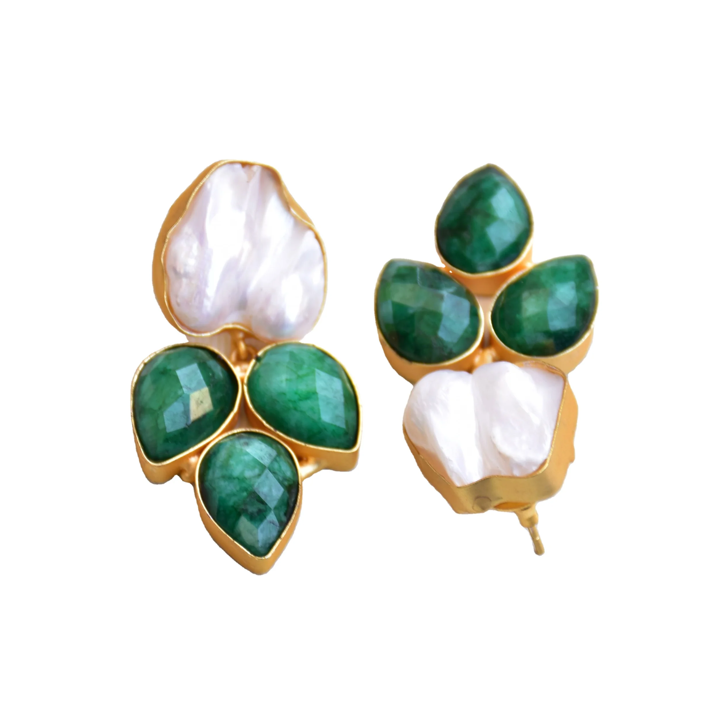 Green Statement Earrings with Pearl baroque drop Jewelry Model for Women Gold Plated Handmade dangle earring Stud Unique design