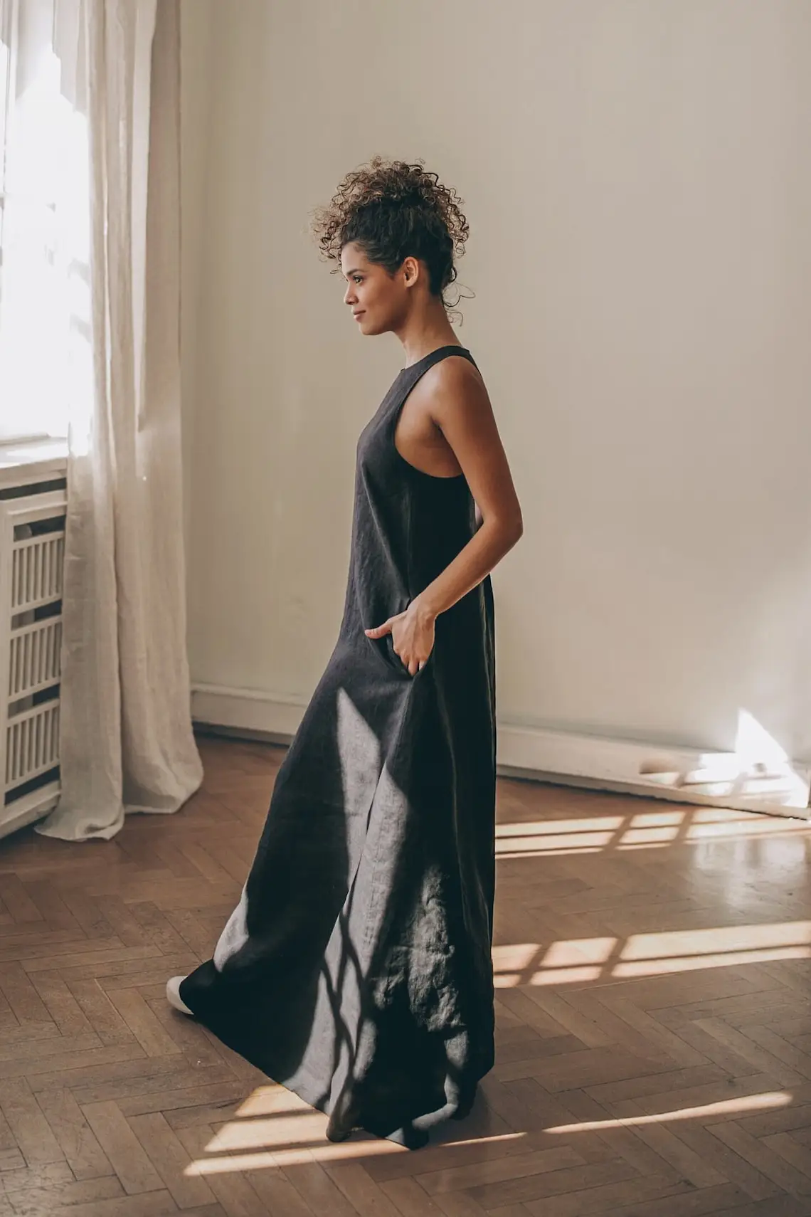 Black Linen Maxi Dress, Summer Boho Linen Dress for Women, Linen Kaftan Dress, Linen Sundress, Long Dress, Plus Size Clothing