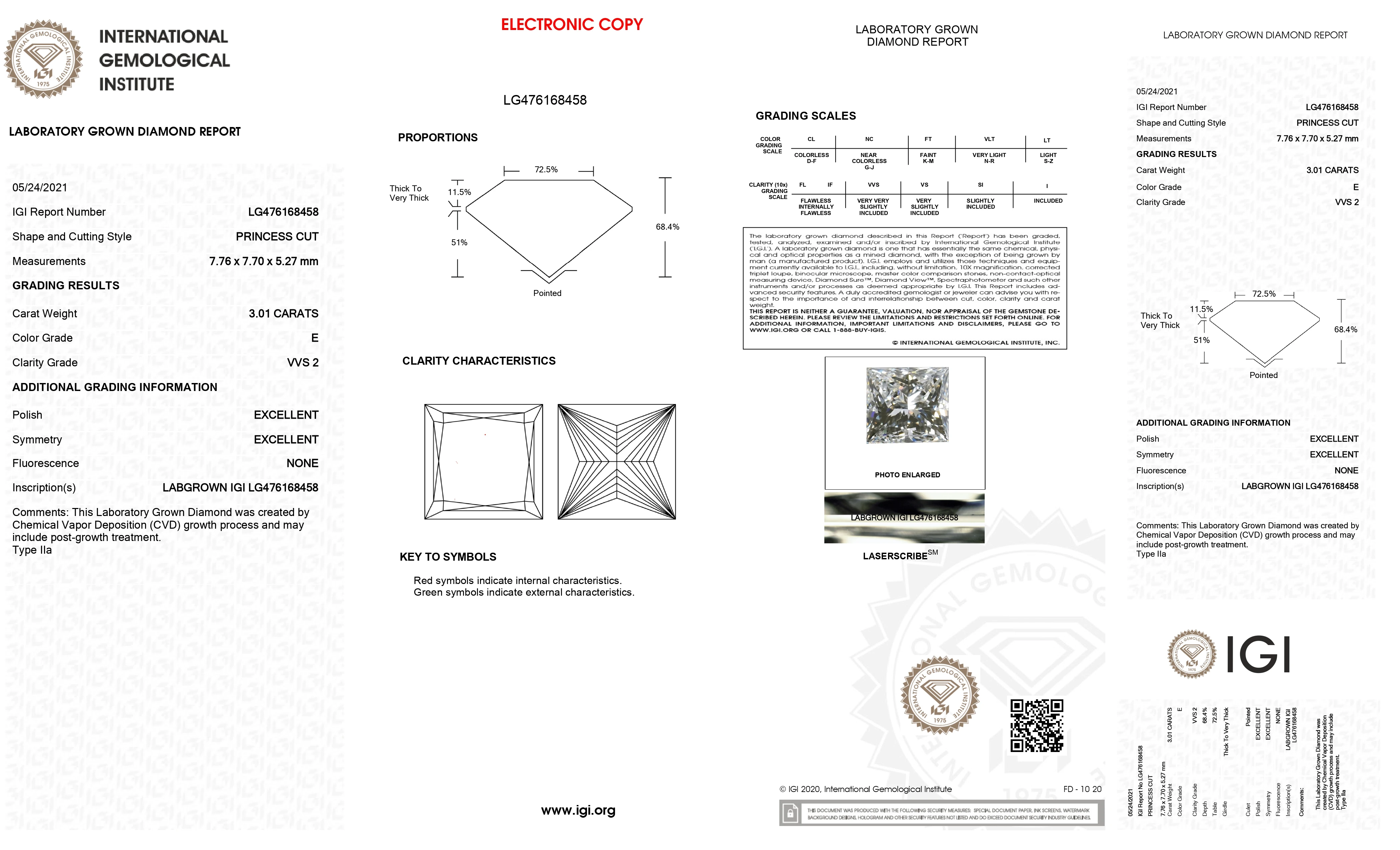 Princess 3.01ct Diamond E Color VVS2 Purity IGI Certified Lab Grown CVD 476168458