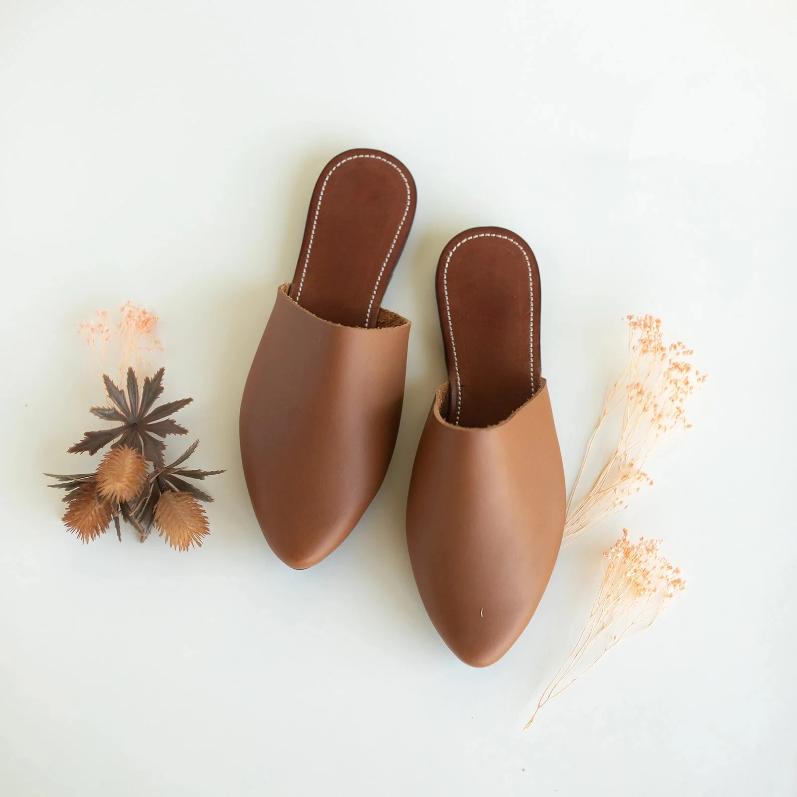 Handmade Moroccan Leather Mules Flat Comfortable Women Shoes Slippers Brown Color Fashion Leather Shoes Mule