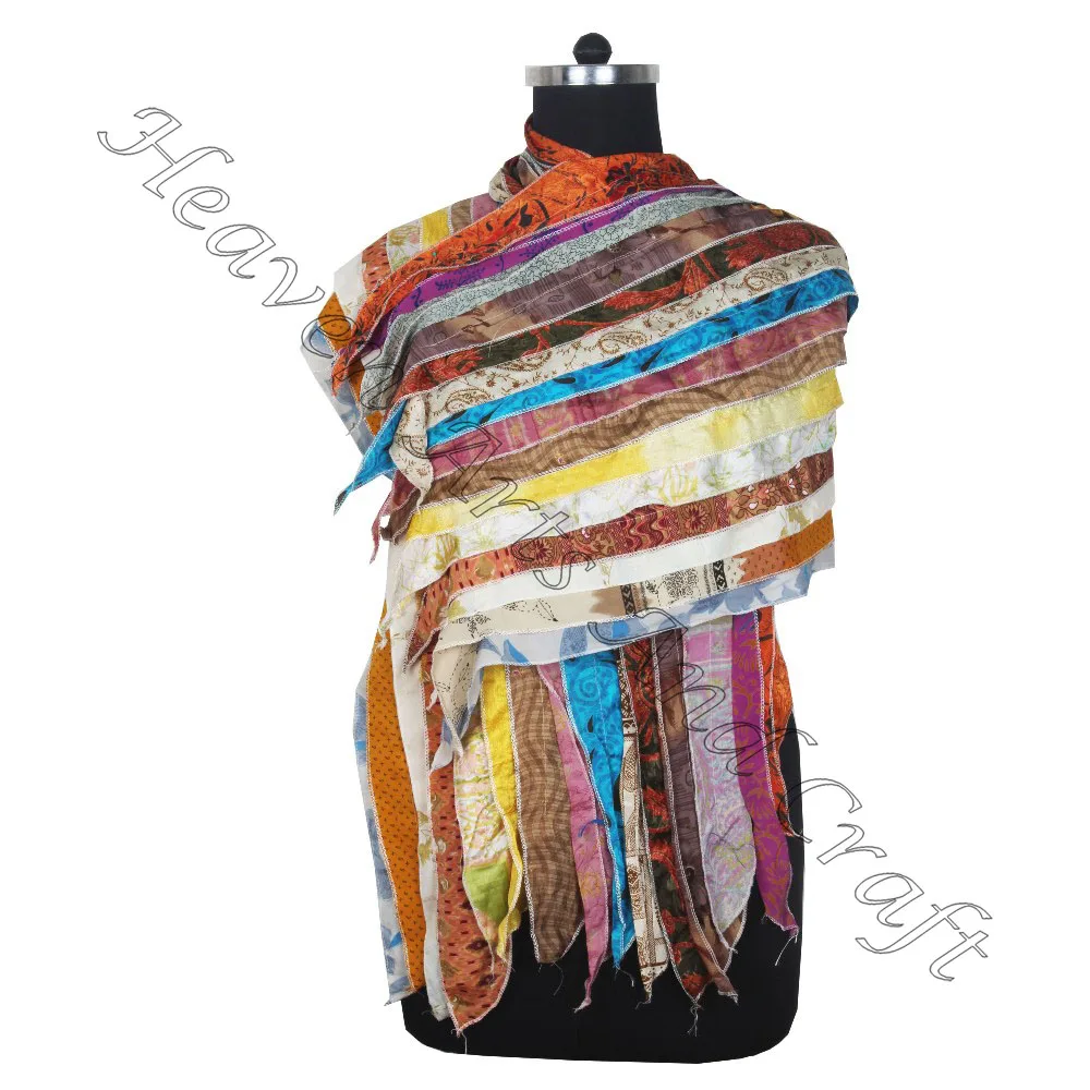 Indian Wholesale 15 Strips Silk Stole Scarves & Shawls Direct From Manufacturer Sari Patches Reversible Scarf Colorful Striped