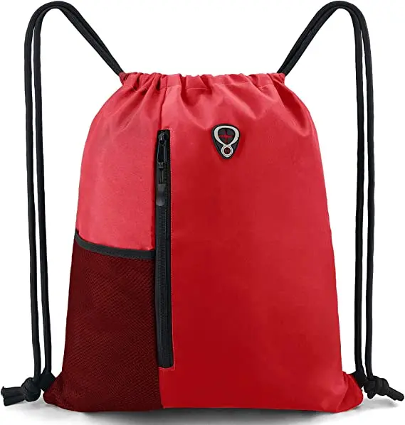 High Quality Drawstring Backpack Sports Gym Bag for Women Men Children Large Size with Zipper and Water Bottle Mesh Pockets