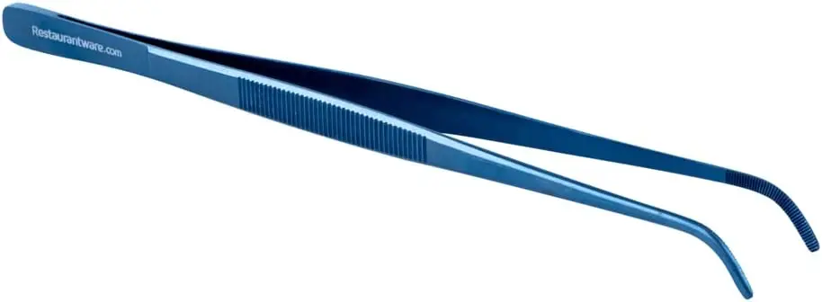 Perfect Point 9.4 Inch Curved Tweezer, 1 Short Slant Nose Food Tweezer - Serrated Tips Blue - Stainless Steel Kitchen Tweezer
