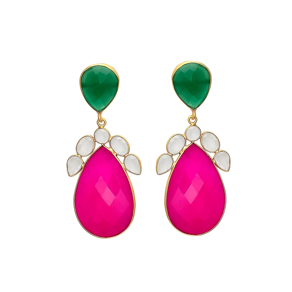 Explore Latest Exclusive Milky & Fuchsia Chalcedony & Green Onyx Design Trendy Gold Plated Brass Drop Earrings