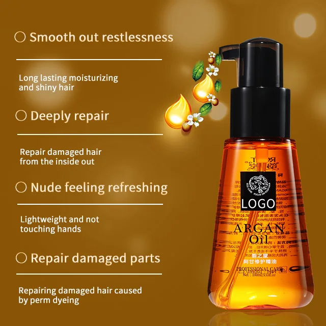 Custom Logo Organic Morocco Argan Hair Loss Essential Oil Repairing Dry Damaged Split Ends Hair Treatment Serum Oil Products