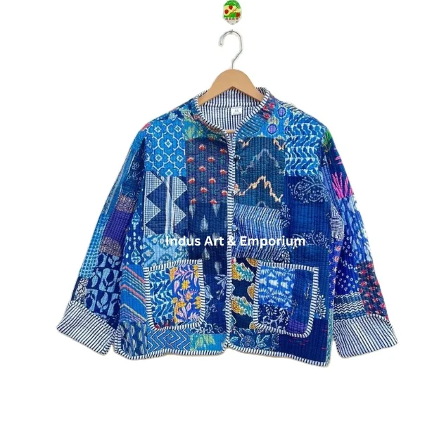 Wholesale indian handmade quilted cotton jacket Jaipuri Vintage Cotton Kantha Sleeveless Jacket Reversible Indian Handmade Kanth