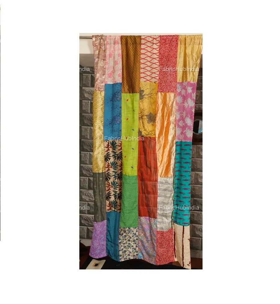 Indian Vintage Old Silk Sari Fabric Patchwork Curtain Door Window Decor Up cycled Curtain from Indian Exporter