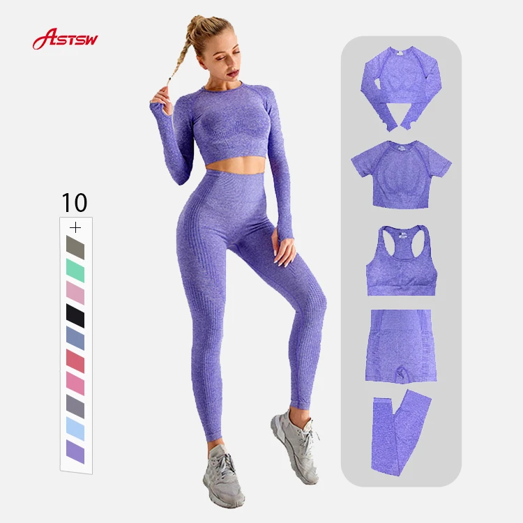 2/3/5PCS Seamless Women Yoga Workout Gym Sportswear Clothing Fitness Long Sleeve Crop Top Set High Waist Leggings Sports Suits