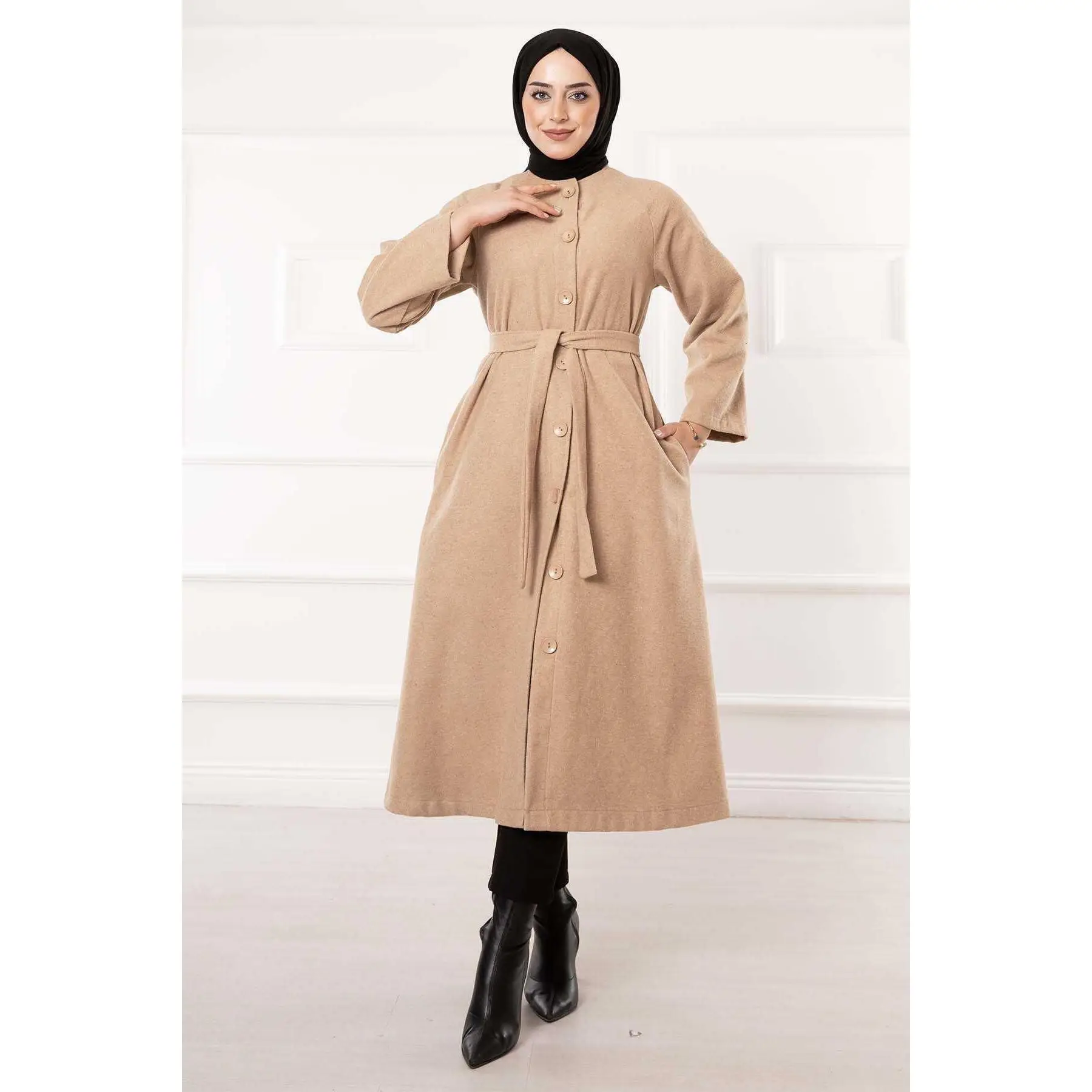 Removable Belted Buttoned Cashmere Coat Mink