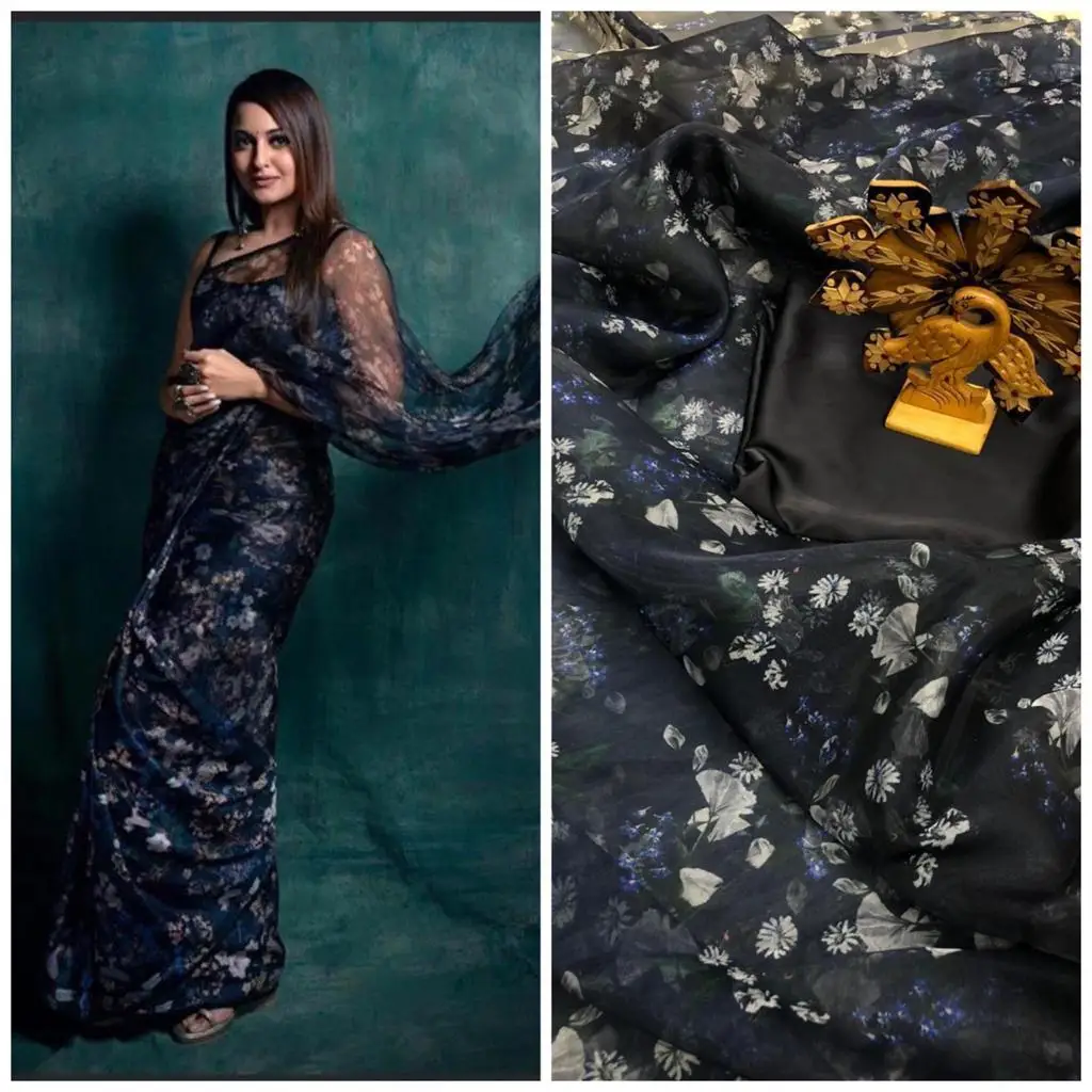 Indian ans Pakistani Style Beautiful Saree on Organza Fabric with Digital Print and Banglory Blouse for Party Wear Fancy Saree