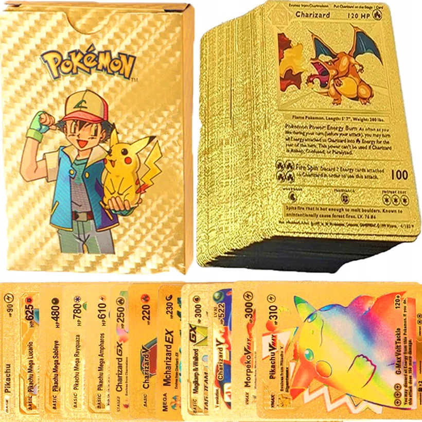 55 Vmax Metal pokmon Card English Version Box Gold Black Golden Letters Silver Collection Charizard Pikachu Cards Pack Toy Gift