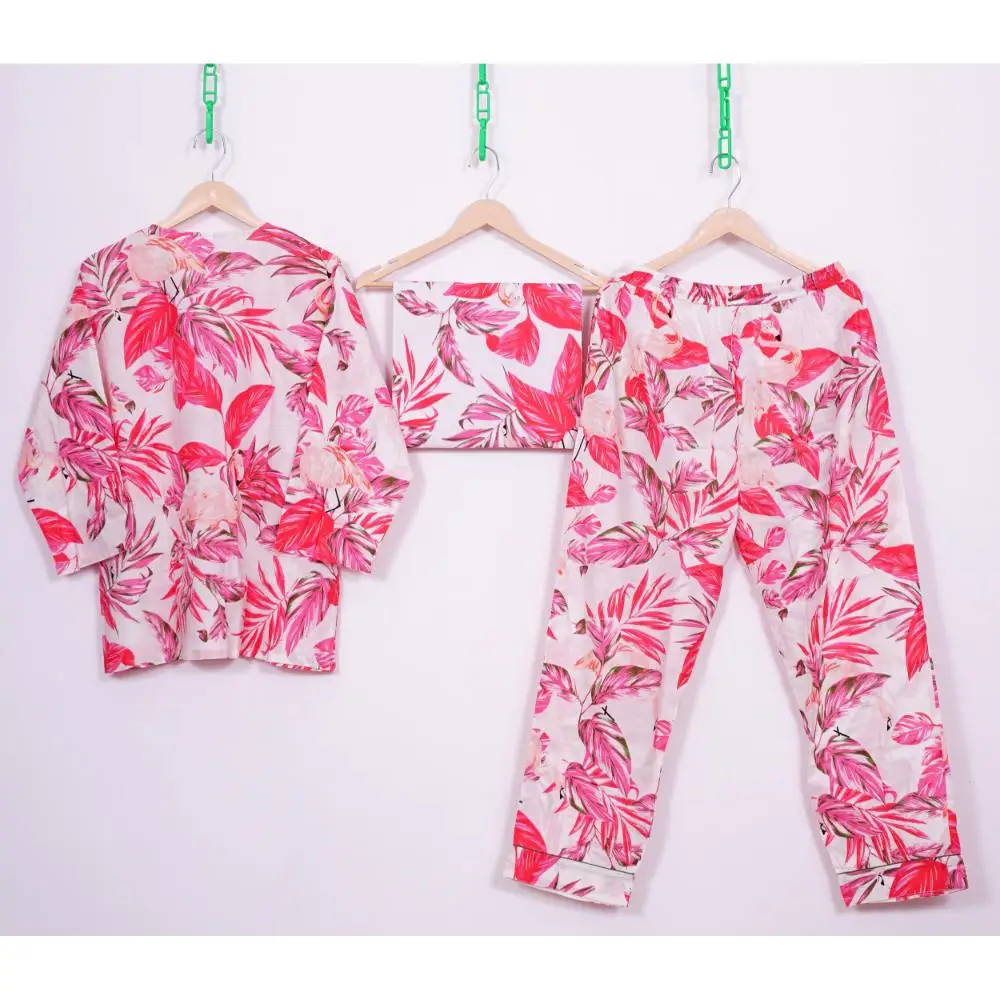 Indian Cotton Pyjama Set Hot Pink Floral Pj Set Night Suit for Womens Available at Affordable Price from India