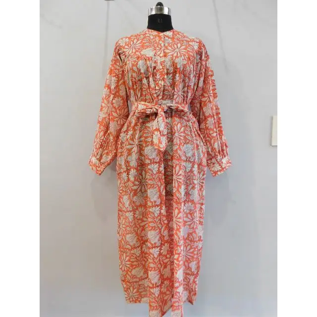 Orange long dress floral printed nightdress block print evening gown summer dresses wholesaler