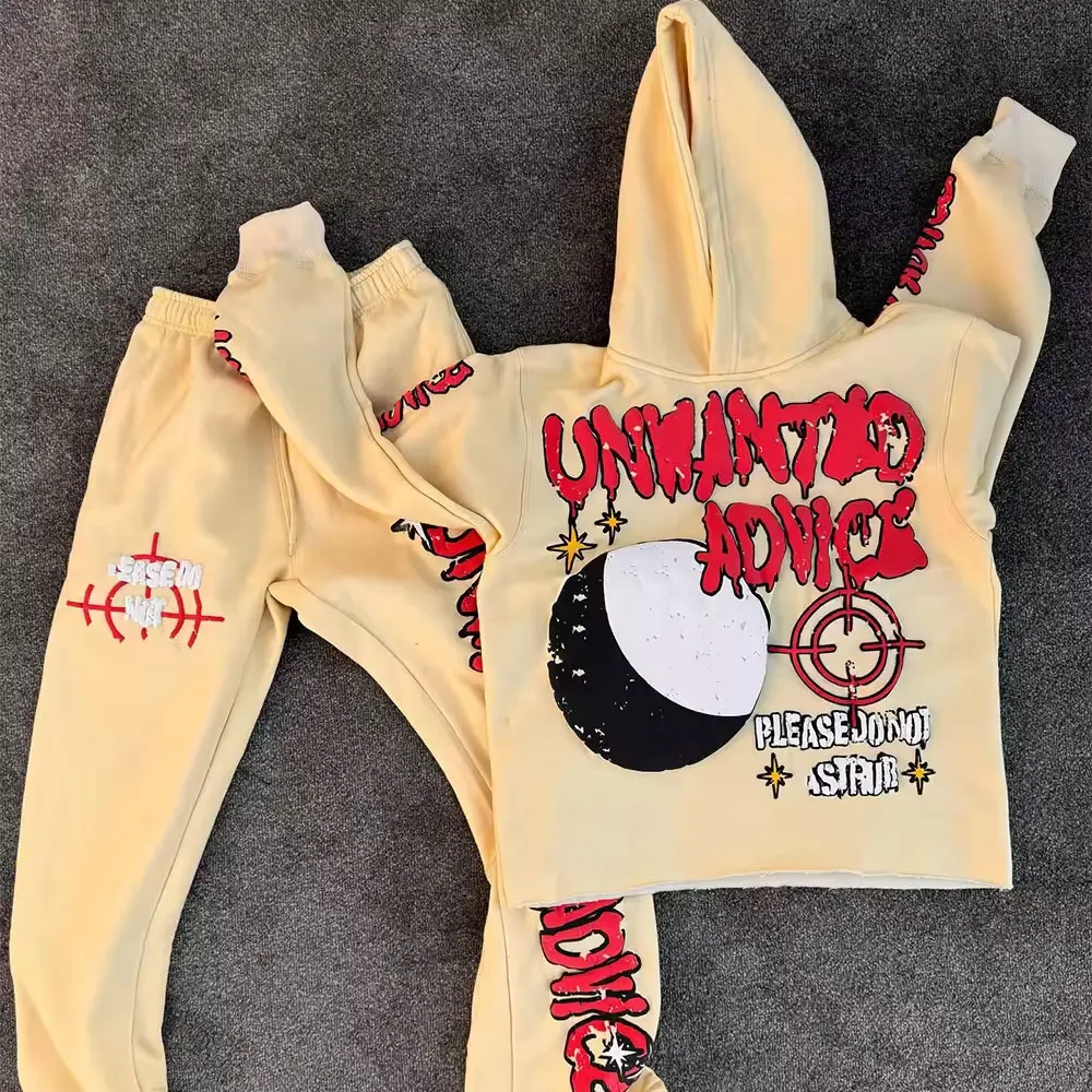Y2k Style Custom Cropped Hoodie Men Vintage No String Saint Lined Pullover Cut And Sew Hoodies Flared Sweatpants And Hoodie Set
