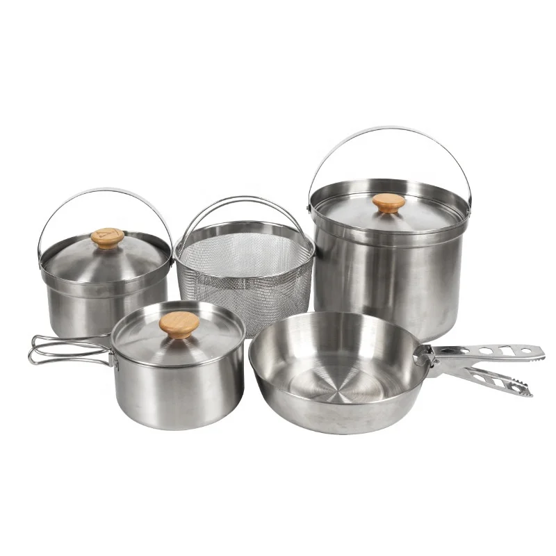 5-Pcs Stainless Steel Outdoor Cookware Set Pot Picnic Bowl Set Portable Pot Storage Camping Dinnerware Set