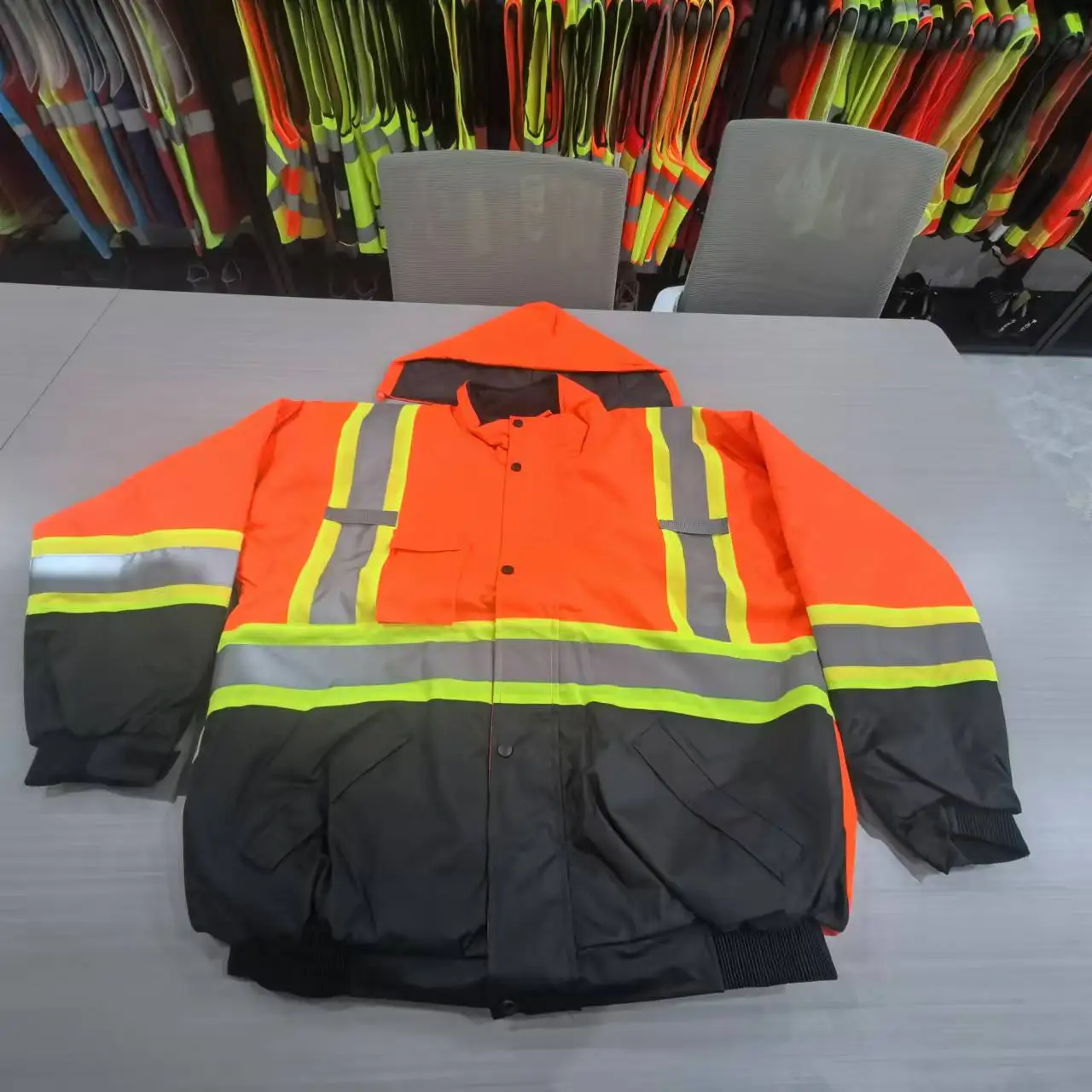 wholesales Custom Logo Construction winter Hi Vis Long Sleeve Yellow black work Reflective fluorescent Safety Reflector Jacket