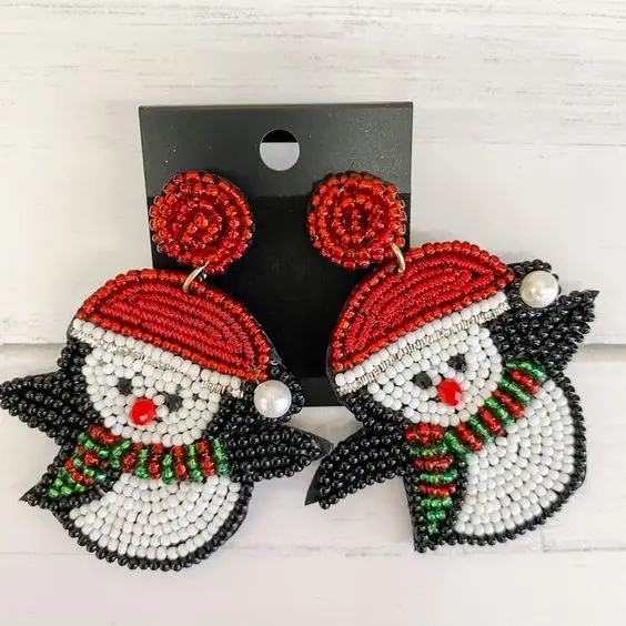 Fashionable Festive Christmas Tree Design Earrings Seed Bead Embroidery Accessory Featuring Star Pattern Stones-Diamond Pearl