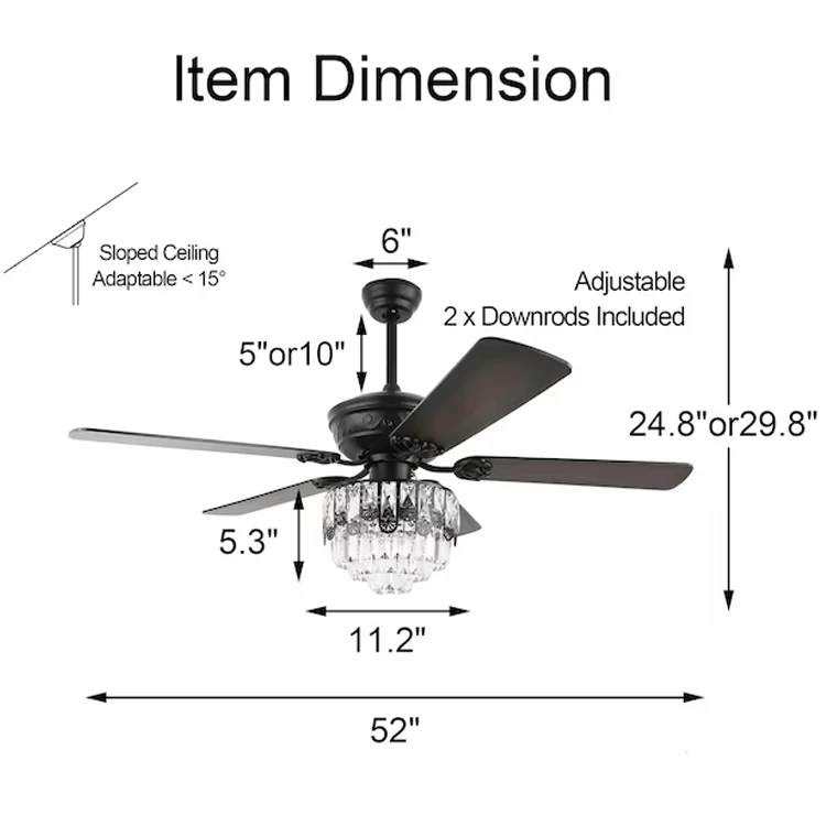 Black 5 Dual Sided Reversible Blades Contemporary Crystal Ceiling Fan Light Color Changing Indoor Silent Chandelier Ceiling Fan