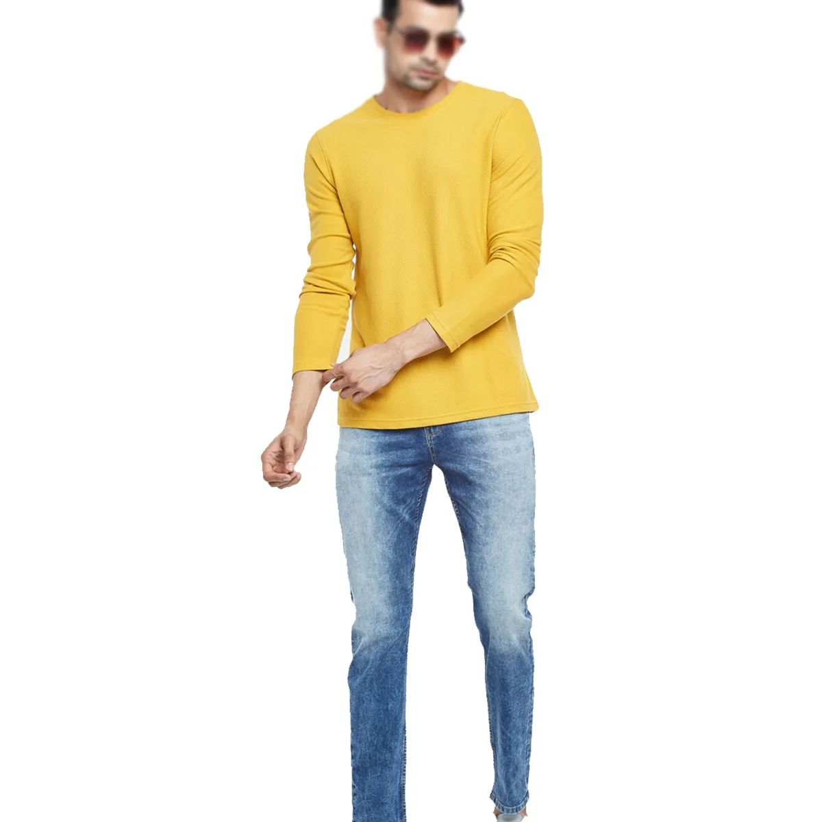 Yellow Drop-Shoulder Sleeves Slim Fit T-shirt Customized Round Neck 2022 Hot Selling Men Full Sleeves Shirts