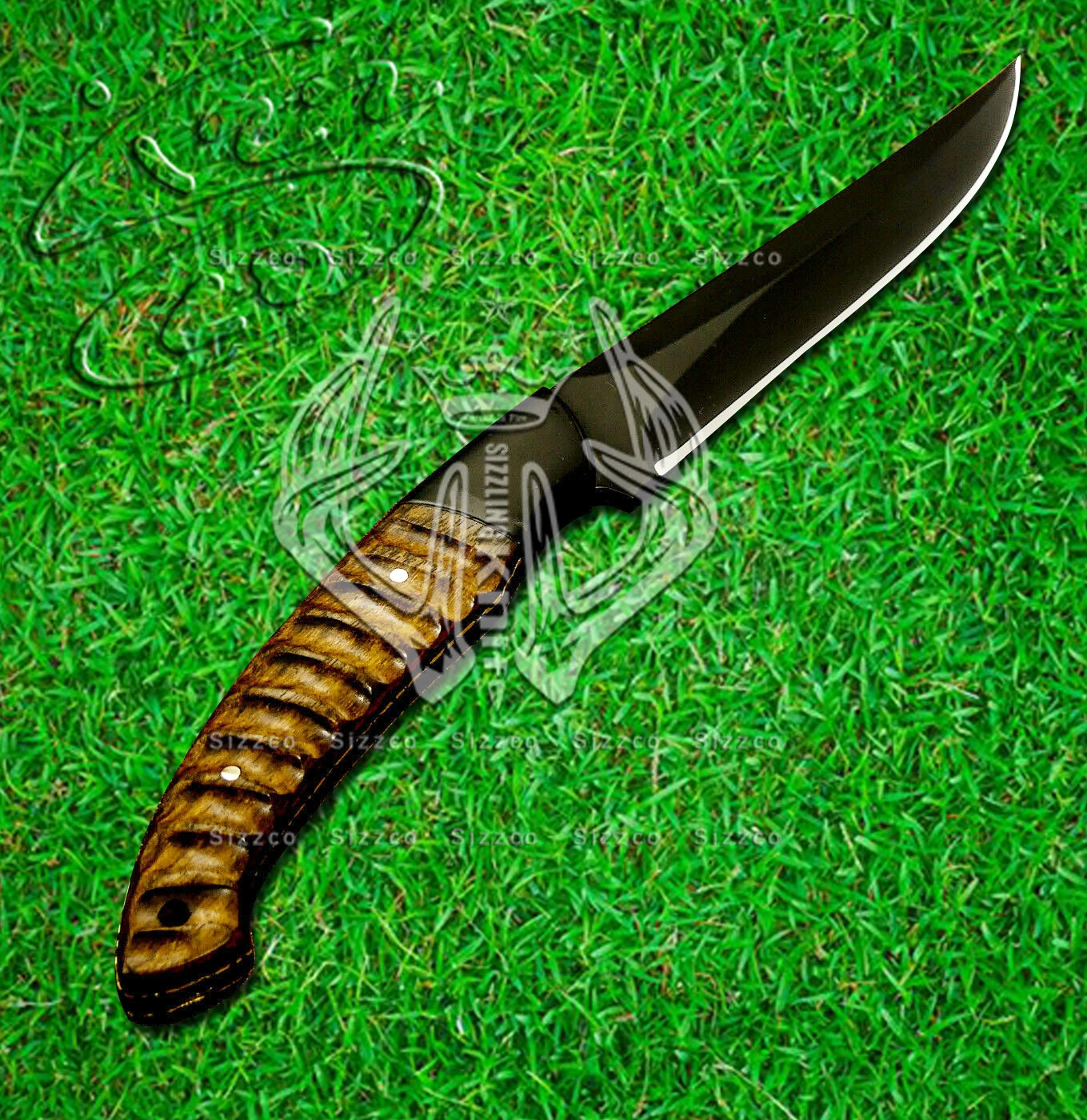 High Quality Custom Black Powder Coated D2 Steel Kitchen Fillet Knife Handle Burl Wood, Leather Sheath, Smooth Cutting