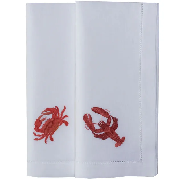 Embroidery Crab and Lobster Dinner Napkin Classic Style Hemstitch Washable Cotton Napkin for Dinner Table Wholesale Custom