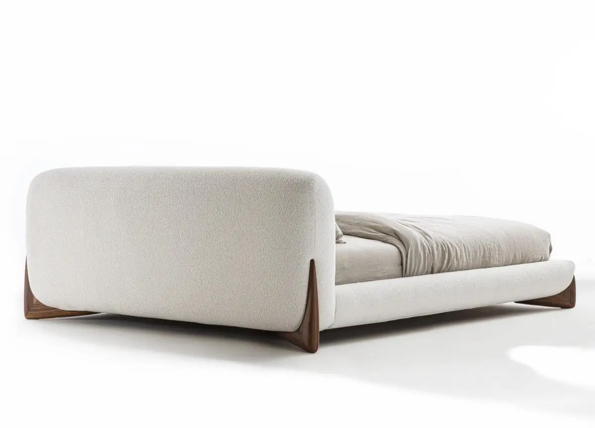 2022 Italian Design Bedroom Furniture Upholstered Boucle Fabric Solid Canaletta Walnut Feet Queen Size King Size Fabric Bed