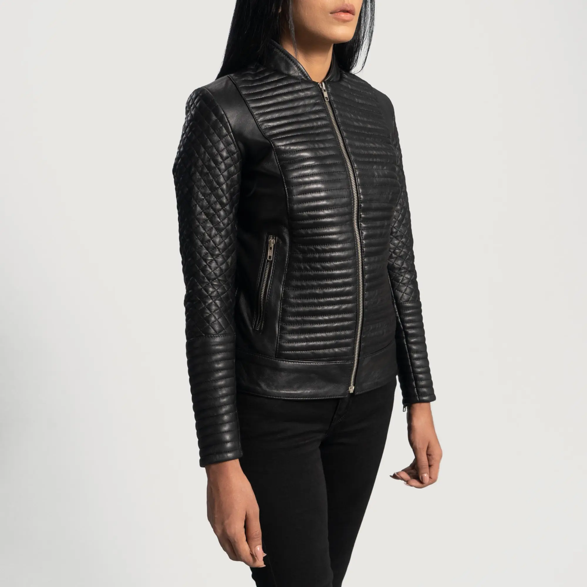 Real Leather Sheepskin Aniline Zipper Cityscape Black Women Biker Jacket with Quilted Viscose Lining and Inside Outside Pockets